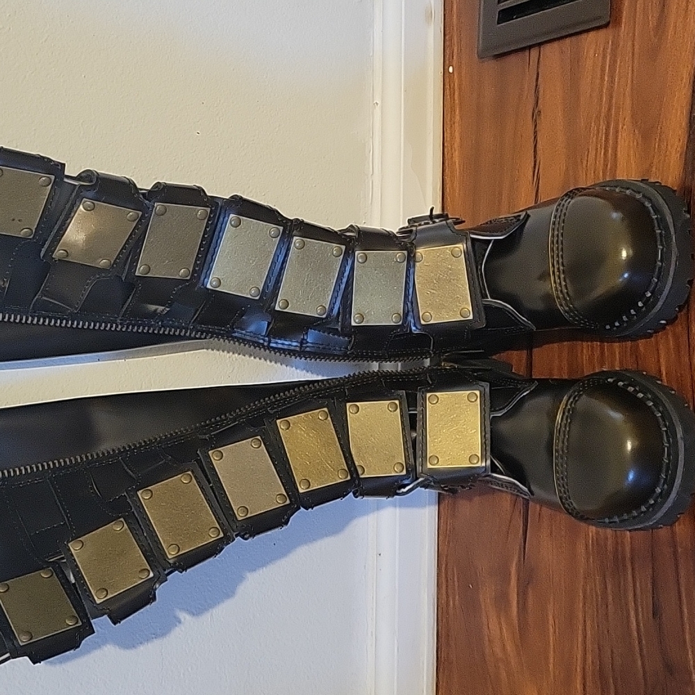 Demonia Black Combat Boots with Brass Plates